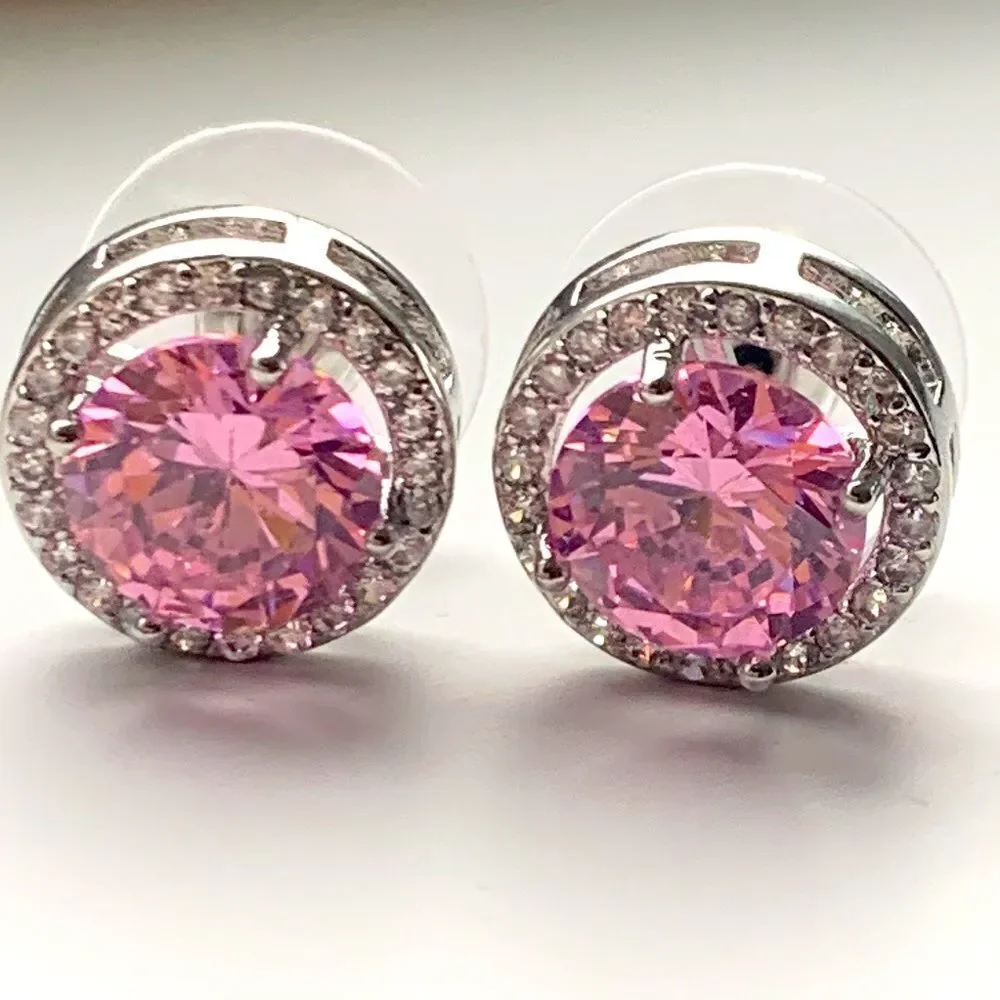 Big Bold Pink Power Crystal Round Studs with CZ Halo, Luxury Designer Style Gift